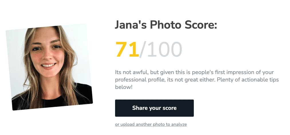 Boost je LinkedIn profiel: Jana's profielfoto scoort een 71 op 100